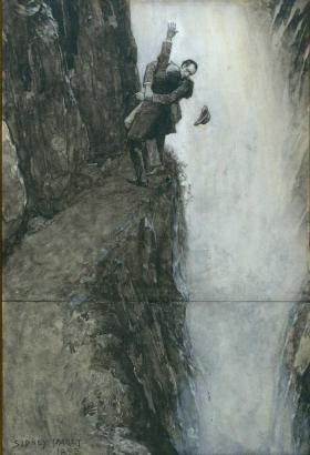 ホームズとモリアーティ教授が格闘して滑落したライヘンバッハの滝のイラスト。シドニー・パジェットが１８９３年に描いた。 「この滝でホームズの帽子がスポーンと脱げて落ちていくんです」（東山さん）