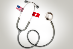 A graphic representing Swiss and US health care