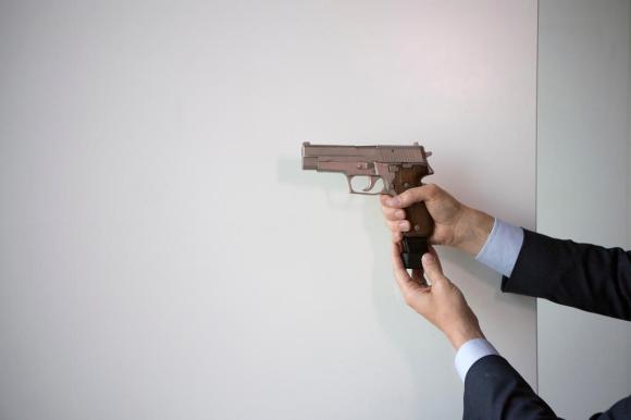 A gun is displayed at a press conference