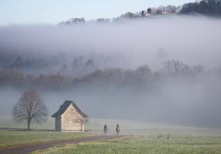 Zwei Menschen auf Pferden reiten durch den Nebel