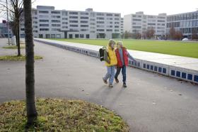 Children crossing road to school