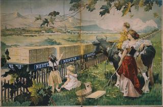 Afiche de Nestlé de 1898. Fondo de naturaleza y niños felices