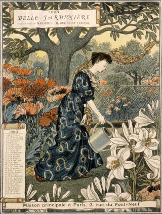 Una mujer regando, imagen del calendario La Bella Jardinera (1896).