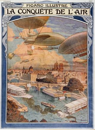 Dibujo de dirigibles y globos sobre París en 1909.
