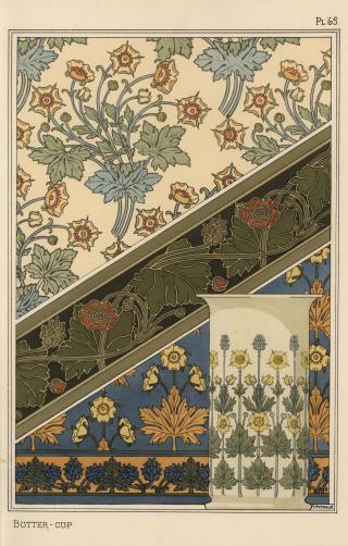 Ranúnculos en estampados de Art Nouveau en tapices y florero.