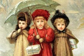 Painted image of three girls linking arms in the snow. One is eating a Suchard chocolate bar. The other two are holding a box.