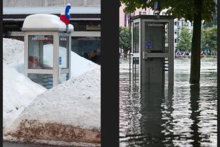 una cabina telefonica sommersa dalla neve e una dall acqua