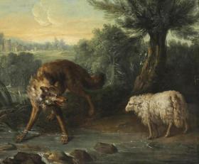 Pintura retratando um lobo e uma ovelha