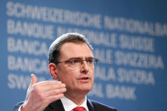SNB chairman Thomas Jordan makes a point during a press conference