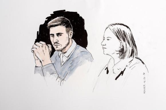 A court drawing of the accused and his lawyer
