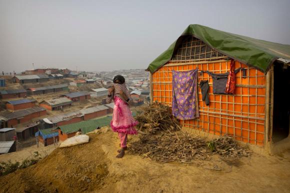 Rohingya Muslim girl outside her tent at Balukhali refugee camp in Bangladesh