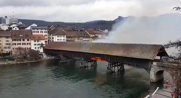 Burning bridge in Olten
