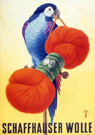 poster with a parrot holding a ball of wool
