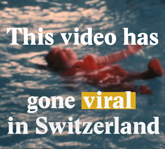 A cover image for Nouvo video about an archive video of a 1973 swimming lesson for babies that became viral in Switzerland.