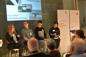 Panelists speak at the Humanitarian Drones event at swissnex Boston on May 15, 2018