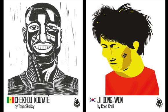 Kouyaté aus Senegal im Holzschnitt, Dong-Won aus Südkorea als Figur einer Graphic Novel