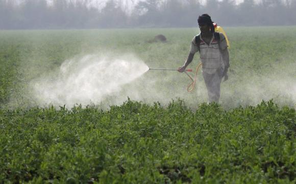 Mann bringt Pestizide auf Feld aus