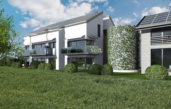 rappresentazione informatica di un edificio con pannelli solari sul tetto