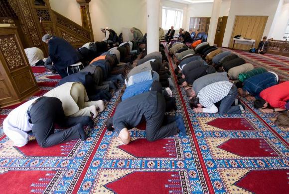 A picture of Muslims praying in an Islamic centre near Bern