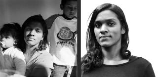 Gruppenbild Mutter mit zwei Kindern. Portrait von sri lankischer Frau.