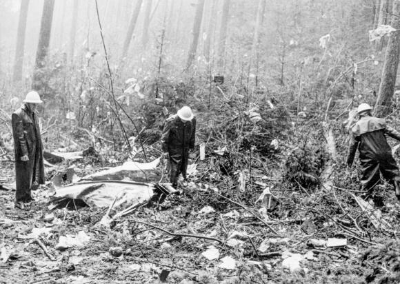 Police search the wreckage of the plan in woodland