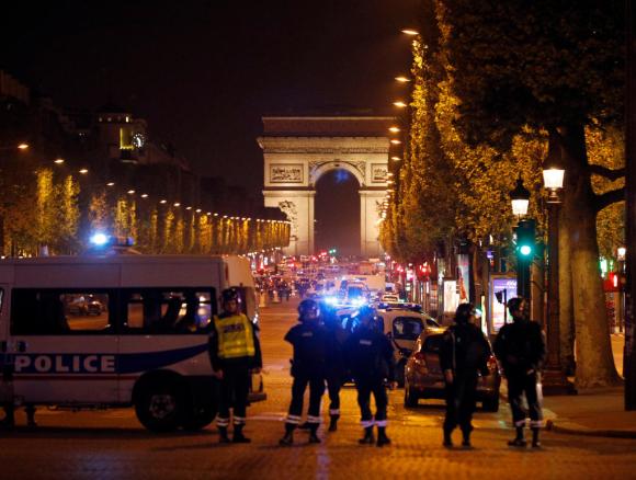 Champs Elysées in Paris at night after a terror attack in April 2017