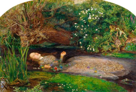 لوحة زيتية لامرأة شابة ميتة في بركة تحيط بها الورود على ضفافها