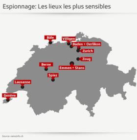 Mapa com os principais alvos de espionagem na Suíça