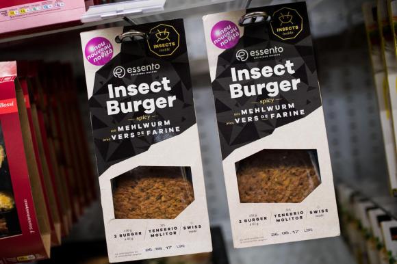 Packets of mealworm burgers hanging from a Coop market shelf