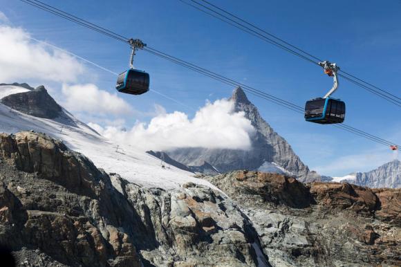 The new 3S cable car system right before the opening and in the background the Matterhorn
