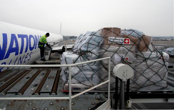 Aeroplane being loaded with donations