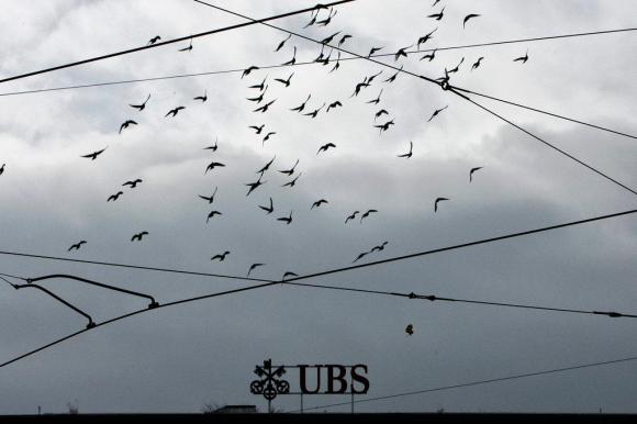 birds flying above a UBS sign