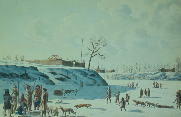 Oil painting showing aboriginal people and European settlers fishing on frozen river