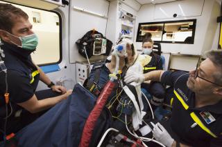 救急車両に備え付けられた呼吸補助器で酸素を送る
