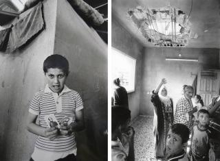 Joven griego y familia palestina en una casa dañada