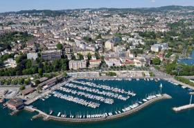 An aerial view of Lausanne, located on the northern shores on Lake Geneva