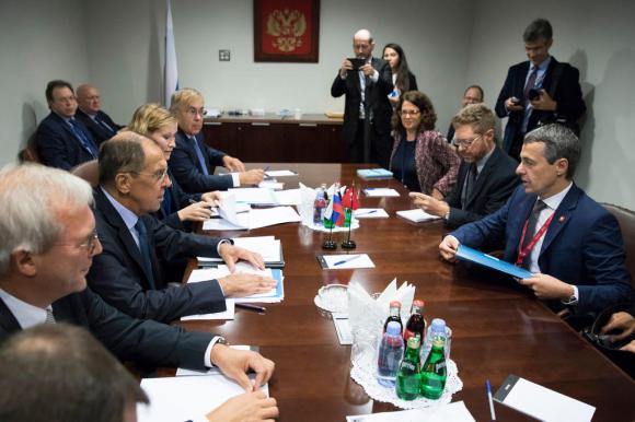 Swiss Foreign Affairs Minister Ignazio Cassis at a meeting with his Russian counterpart, Sergei Lavrov