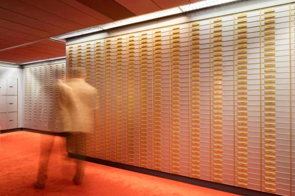 safety deposit boxes in a bank