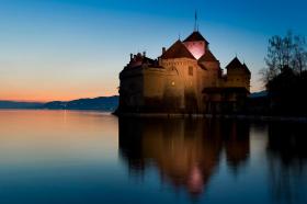 The Chateau de Chillon, a medieval fortress on the shores of Lake Geneva near Montreux