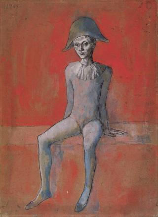 Picasso, Arlequin assisi fond rouge
