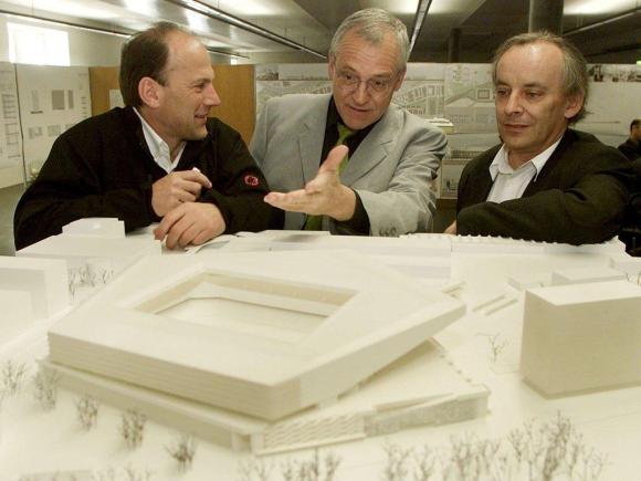 Markus Peter, Elmer Ledergerber and Marcel Meili presenting a stadium project