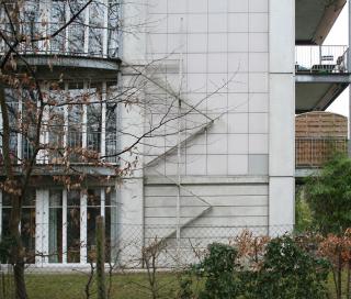 Eine Katzenleiter an der Fassade eines modernen Mehrfamilienhauses.