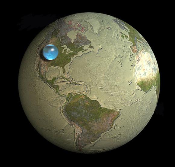 地球上の水を全て集めても14億立方キロメートル未満にしかならないことを表した図
