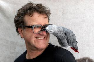 un pappagallo morde il naso del veterinario
