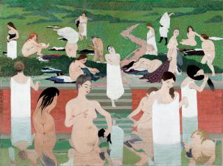 Peinture montrant des femmes prenant un bain à la plage.