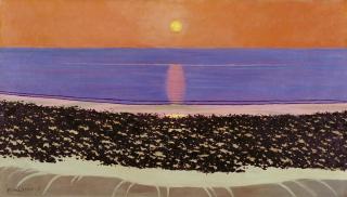 Peinture montrant un coucher de soleil sur l eau.