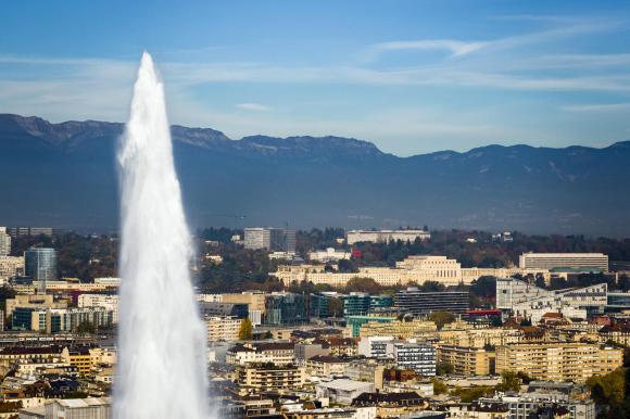 View from Geneva s Jet d eau fountain towards the UN headquarters