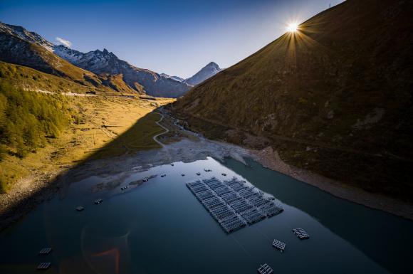 lake with solar panels