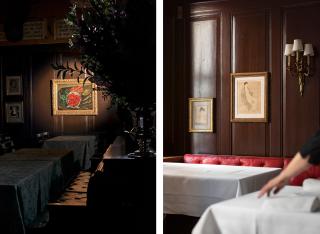 Dos salas de un restaurante con cuadros en los muros