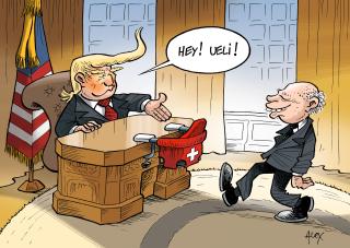 给瑞士联邦主席准备的宝宝椅：5月16日美国总统特朗普在白宫会见了瑞士联邦委员、财政部长乌里·毛勒(Ueli Maurer)。总统们的力量，当然还有自信，让两国关系一目了然。